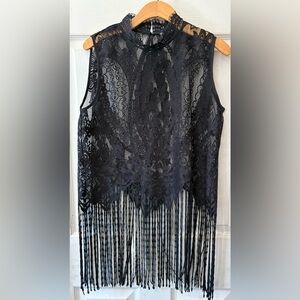 Zara Black Lace Sleeveless Fringe Skirt Overlay